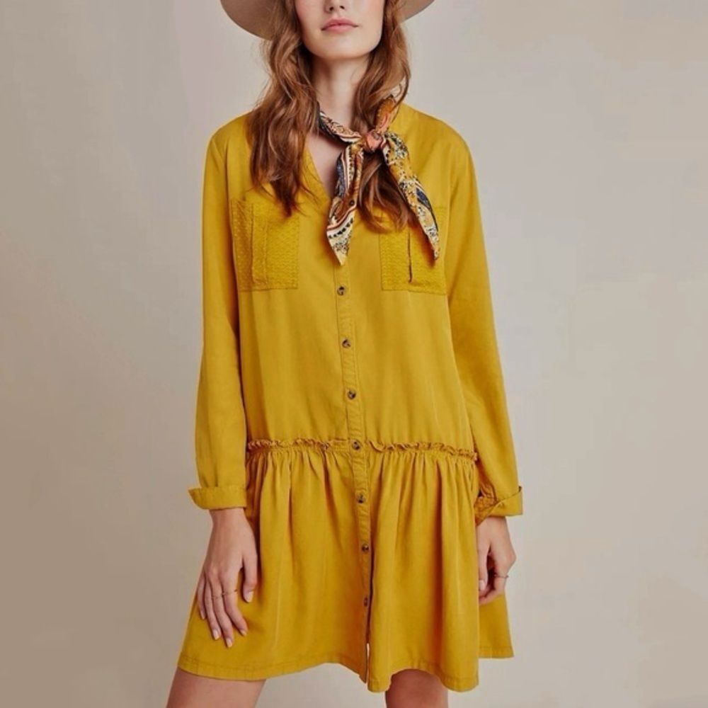 Anthropologie Maeve Mustard Yellow Marlie Button Front Tunic Dress Size 8